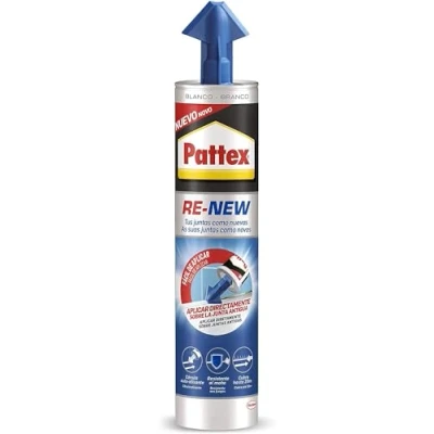 Imagen de Pattex RE NEW en cartucho, silicona blanca para sanitarios, blanqueador de juntas baños, sellador universal impermeable con triple resistencia al moho, 1 x 280 ml