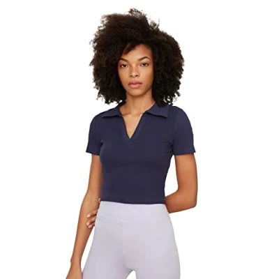 Imagen de Trendyol Blusa de Punto con Cuello Polo básico Ajustado para Mujer Camisa, Azul Marino, S