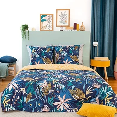 Imagen de CÔTE DECO Juego de funda nórdica 220 x 240 cm y 2 fundas almohada 63 cm, diseño hojas tropicales 100% algodón suavizado azul (240 cm)