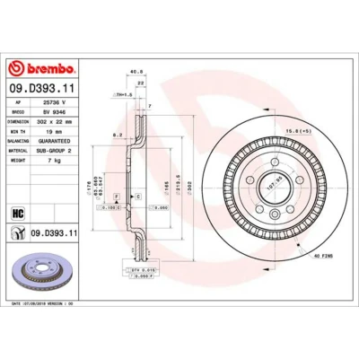 Imagen de BREMBO 09.D393.11 Disco de freno 302 22 5 ventilación interna revestido altamente carbonizado VOLVO: V60 I, S80 II, S60 II