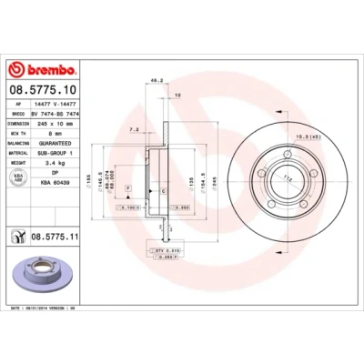 Imagen de BREMBO COATED DISC LINE 08.5775.11 Disco de freno 245 10 5 macizo revestido AUDI: A8 D2, 100 C3 Berlina, Avant