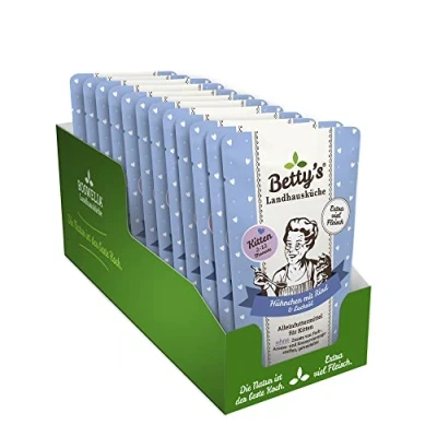 Imagen de Betty&#039;s Kitten Bolsa de Comida húmeda para Gatos, Pollo y Vacuno, 12 x 100 g, cocido Suavemente, Alta biodisponibilidad, Adecuado Todas Las Razas Gatos