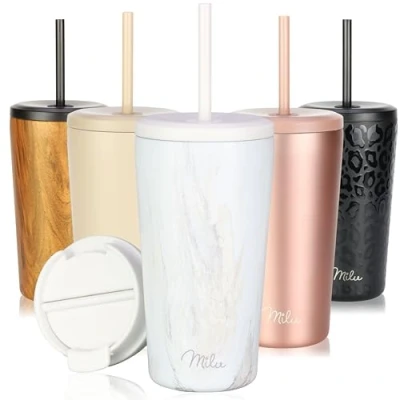 Imagen de Milu Termo Cafe 300ml, 400ml, 500ml Vaso Termico Antigoteo, Taza Termica acero inox sin BPA, Insulated Mug para llevar (Pink Marble, 500ml)