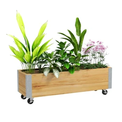 Imagen de Outsunny Jardinera con Ruedas Rectangular Insertos de riego, Fieltro Drenaje Incluido Metal Madera Maciza, Natural