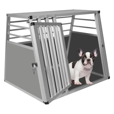 Imagen de EUGAD Transportín de Aluminio para Perros Gatos Mascotas Jaula Transporte Viaje Trapezoidal 1 Puerta Plata 80 x 65 cm 0061HT