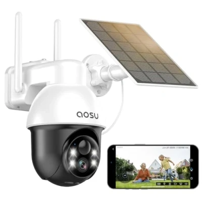Imagen de AOSU 2K Cámara Vigilancia WiFi Exterior Solar con Batería,360 Pan&amp;Tilt Inalambrica, 2.4GHz &amp; Bluetooth, Visión Nocturna Color, Audio Bidireccional, Detección de Movimiento PIR, Compatible Alexa
