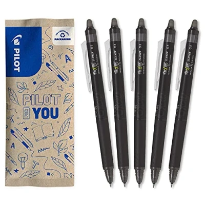 Imagen de PILOT FriXion Point Clicker 0,5, bolígrafo retráctil de tinta termosensible borrable, recargable, punta fina, color negro, lote 5 unidades