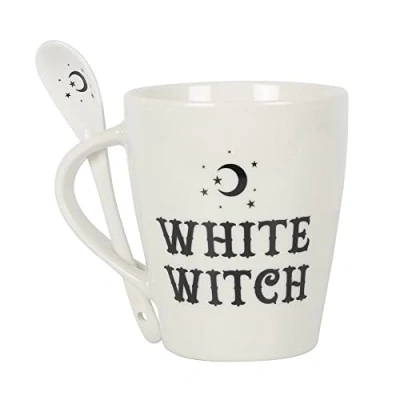 Imagen de Something Different FI_45831 Juego de taza y cuchara cristal con diseño bruja blanca, 10 cm x 11,5 (1 pieza), porcelana china