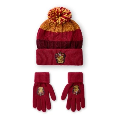 Imagen de Harry Potter Juego de Gorro y guantes para adultos invierno punto rojo amarillo unisex con escudo Gryffindor pompón talla única