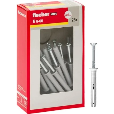 Imagen de Fischer 508274 Tacos de extensión N 6X60 Y, fijación Impacto con Clavo premontado para Completo, Semi Relleno y hormigón, 25 Piezas por Paquete, Gris, MM