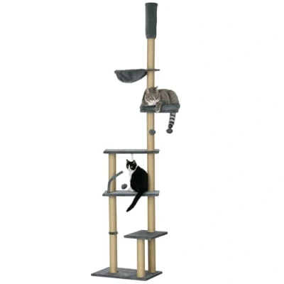Imagen de PawHut Árbol para Gatos de Suelo a Techo 230 250 cm Rascador con Altura Ajustable Múltiples Plataformas Cestos Hamaca Bolas Colgantes Gris