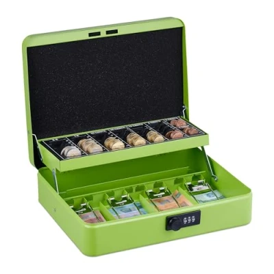Imagen de Relaxdays Caja Dinero, Combinación 3 Números, Bandeja para Monedas, Cajita Hierro, 8,5 x 30,5 25 cm, Verde
