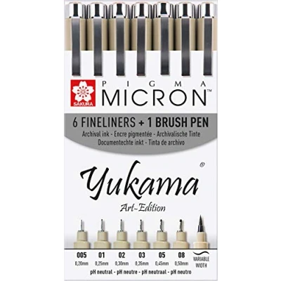 Imagen de SAKURA Pigma YUKAMA ® Art Edition, 6 rotuladores de punta fina Micron y un rotulador pincel negros