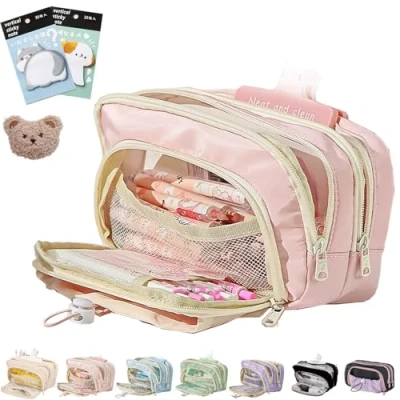Imagen de Big Capacity Pencil Case, Beige Large Pouch, Pouch Organizer, 3 Compartments Simple Storage Aesthetic Case (Pink)