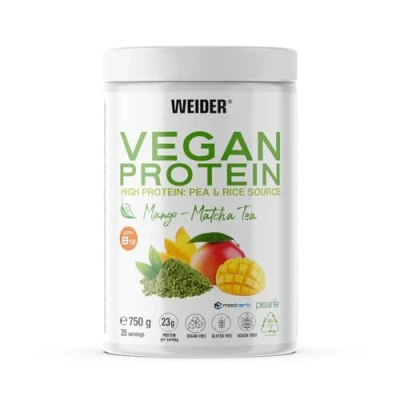 Imagen de Weider Vegan Protein (750g) Sabor Mango Matcha. Proteína Vegana 23g/dosis Aislada Guisante (Pisane) y Arroz. Con Vitamina B12 Stevia. Sin Gluten, Azúcar. Bote 50% Reciclado, 100% Reciclable