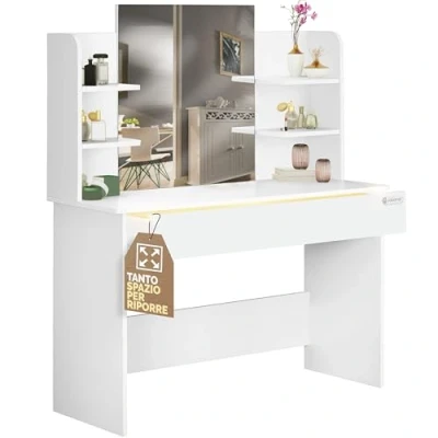 Imagen de CASARIA® Tocador de Maquillaje Mesa Cosmética con Espejo 4 Estantes Cajón Grande Iluminación 110x40x140cm Blanco