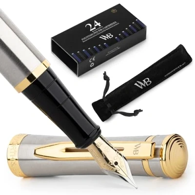 Imagen de Wordsworth &amp; Black Juego de plumas, punta extra fina dorada 18 quilates, incluye 24 cartuchos tinta, convertidor recarga tinta y bolsa regalo, acabado dorado, caligrafía, [oro