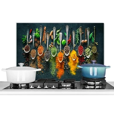 Imagen de KitchenYeah© Antisalpicaduras Cocina 70x50 cm Protector Salpicaduras Pared Chapa Aluminio Kitchen Panel Vitrocerámica Accesorios Salpicadero Decoración Hierbas Especias Cucharas