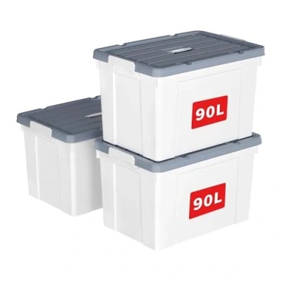 Imagen de Cetomo 90L*3 Caja de Almacenamiento con Asa, Plástico Tapa y Cierre Seguro, Contenedor Grande, Duradera, Apilable, Resistentes, Blanco, Paquete 3 90L