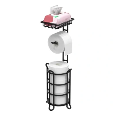 Imagen de TreeLen Portarrollos de Papel higiénico Independiente con Estante, Soporte Almacenamiento para Rollos Reserva Grandes, Organizador baño, Color Negro