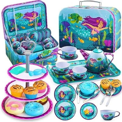 Imagen de JOYIN Juego de 35 Piezas Fiesta té Sirena para niñas pequeñas, Tetera Lata, Juguete Cocina Princesa con Postre, Regalos cumpleaños niños pequeños 3 4 5 6 años