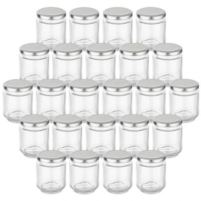 Imagen de gouveo Juego de 24 tarros cristal redondos 190 ml con tapa rosca plateada, pequeños cierre rosca, para conservas y almacenamiento