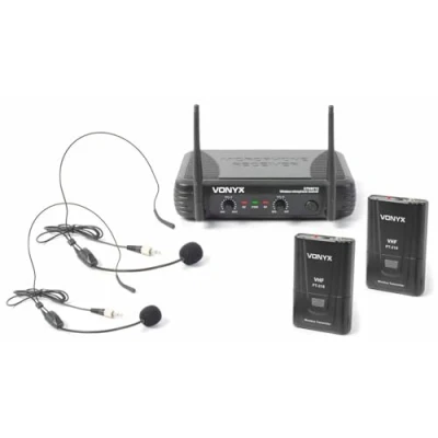 Imagen de Vonyx Skytec STWM712H Sistema de Micros Inalambricos 2 Canales VHF, Incluye Microfonos Diadema, Petacas y 1 Receptor, Set Micrófono Inalámbrico Diadema Completo