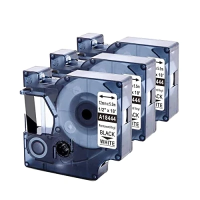 Imagen de 3 x Upwinning Rhino 12mm Compatible Dymo A18444 12mm, Recambio Cinta 18444 5.5m Negro sobre Blanco Industrial Vinilo Etiqueta S0718600 para 4200 5200 3000 5000 1000