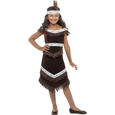 Imagen de Smiffys Disfraz de niña inspirado por las americanas nativas, marrón, vestido con flecos y cinta para la cabeza plumas