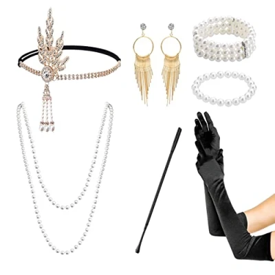 Imagen de Juego de 7 piezas los años 20, accesorios para damas Great Gatsby, 20 mascarada, despedida soltera, boda, Vintage