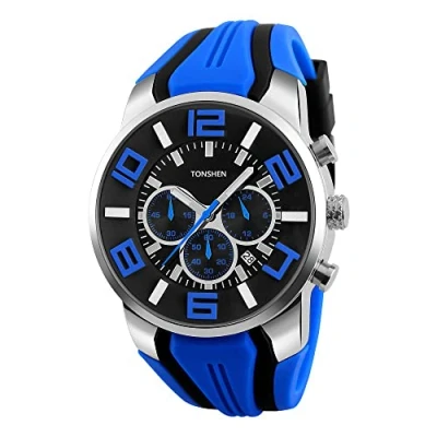 Imagen de TONSHEN Relojes de Hombre Deportivos Estilo Moda Clásico Analógico Cuarzo Acero Inoxidable Bisel Y Correa Suave Goma Pulsera Sub Dial Fecha Temporizador (Azul)