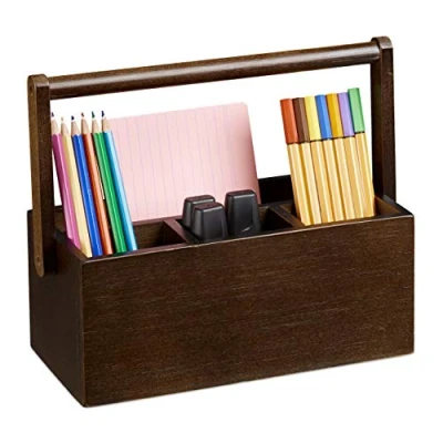 Imagen de Relaxdays Organizador de escritorio, Bambú, Con asa, Caja almacenaje para oficina, Cuatro casillas, Marrón oscuro