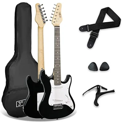 Imagen de 3rd Avenue XF Paquete Básico Para Principiantes De Guitarra Eléctrica Niños, Tamaño 3/4, Con Bolsa, Correa, Púas Y Cejilla, Color Negro