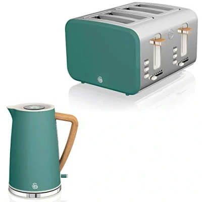 Imagen de Swan Nordic Set Desayuno Hervidor de agua inalámbrico 1,7L 2200W, Tostadora Pan ranura ancha 4 rebanadas, 3 funciones, diseño moderno, efecto madera, verde