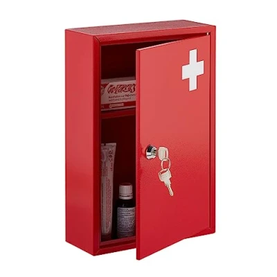 Imagen de Relaxdays Armario Botiquín con Cruz y 2 Compartimentos, Cerradura, 32 x 21,5 9,5 cm, para Medicamentos, Rojo Blanco, Hierro, 21.5 9.5 cm