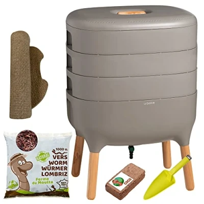 Imagen de Moutta I Urbalive 3 Bandejas Gris, Kit Completo Diseño Vermicompostaje 500g lombrices / 1000 uds. Sustrato Inicial Estera de cáñamo + Pala Interior, balcón y jardín