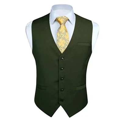 Imagen de Enlision Chaleco Vestir Verde Hombre Elegante Chalecos Traje de Boda Color Liso Formal Negocio con Bolsillo L