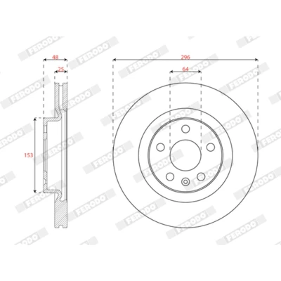 Imagen de FERODO DDF3036C Disco de freno 296 25 5 108 ventilado revestido sin tornillos MERCEDES BENZ: Clase S Berlina, SL Cabrio, VOLVO: XC40