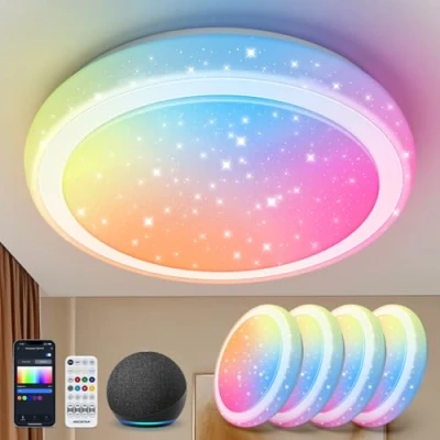 Imagen de Aigostar Mesh Plafon LED Techo Bluetooth Mesh, 36W, 3960LM, 3000K 6500K y RGB regulable, IP44, Φ50CM, Plafón Inteligente Compatible con Alexa, Lampara Alexa para Salon/Dormitorio, 4Uds