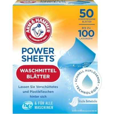 Imagen de Arm and Hammer Power Sheets detergente para lavandería, sábanas de lino fresco, 50 unidades, hasta 100 cargas pequeñas, lavado ultra concentrado una limpieza profunda, hojas