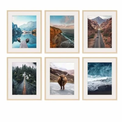 Imagen de PHOTOLINI marcos 40x50 cm madera MDF natural, set de 6 para pósteres con paspartú 30x40 cm, cristal acrílico, colgar y poner pie, incluye accesorios fotos, láminas