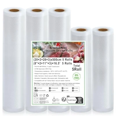 Imagen de KitchenBoss Rollos Envasadora al Vacio 5 Rollos：Bolsas Alimentos 28x3/20x2/x500 cm, Bolsas Envasar de Calidad Alimentaria, para Sous Vide y Máquina Vacío