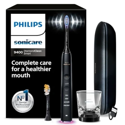 Imagen de Philips Sonicare DiamondClean Smart 9400, cepillo dental eléctrico, sónico con aplicación, sensor de presión, detección cabezal cepillado, negro, modelo HX9917/89