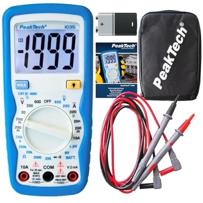 Imagen de PeakTech 1035 multímetro digital CAT III con pantalla, probador de batería, mano, dispositivo medición, voltímetro, medición corriente, continuidad máx.600 V
