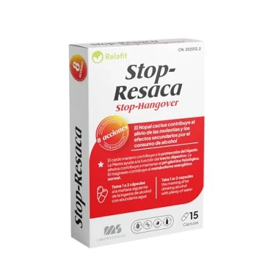Imagen de Stop Resaca 15 Cápsulas Relafit Laboratorios MS Vitamina B12 Contribuye a la reducción de los efectos secundarios provocados por el consumo alcohol.
