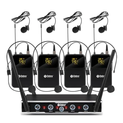 Imagen de D Debra Audio Pro DU4004 Sistema de microfonía inalámbrica UHF 4 Canales con micrófonos Diadema Solapa, Ideal para reuniones Iglesia Discurso (4 Bodypack)