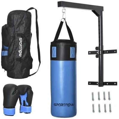 Imagen de HOMCOM Conjunto de Saco Boxeo Profesional y Soporte Pared Regulable para Entrenamiento en Hogar Oficina Gimnasio Ø25x102 cm 60 88x40x63 Azul Negro