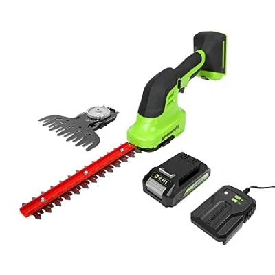 Imagen de Greenworks G24SHTK2 2/1 Cortasetos con Batería 24 V y cargador Cuchillas para Setos 20 cm que corta Tallos Ramas de hasta 8 mm, 2800 spm Cuchilla hierba 15 3 Años Garantía