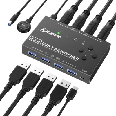 Imagen de CAMGEET Conmutador USB 3.0 para 4 dispositivos USB, ratón, teclado, escáner, impresora, PC, compatible con Mac/Windows/Linux, mando a distancia cable y cables