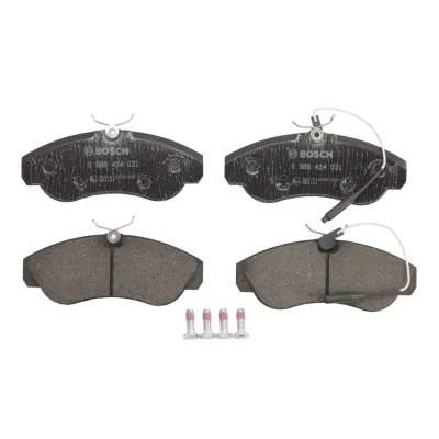 Imagen de BOSCH 0 986 424 031 Juego de pastillas freno Low Metallic con sensor desgaste incorporado Chapa antichirridos, tornillos accesorios